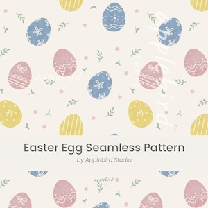 Easter Egg Seamless Pattern, Pastel Spring Digital Paper, Floral Repeat Design, Hand-drawn Pattern