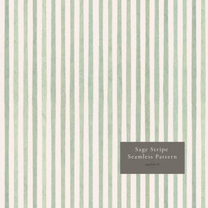 May include: A seamless pattern featuring vertical sage green stripes on a light cream background. A dark gray rectangular box in the lower right corner contains the white text: Sage Stripe Seamless Pattern and the word applebird below it.