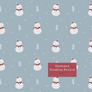 May include: A seamless pattern featuring white snowmen with red scarves and hats, light blue pine trees, and white dots on a dusty blue background. A red rectangular box contains the white text: Snowman Seamless Pattern applebird fabric.
