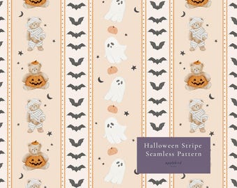 Halloween Streifenmuster, Neutral Aquarell Geister, Kürbisse, Teddybären Digitales Papier