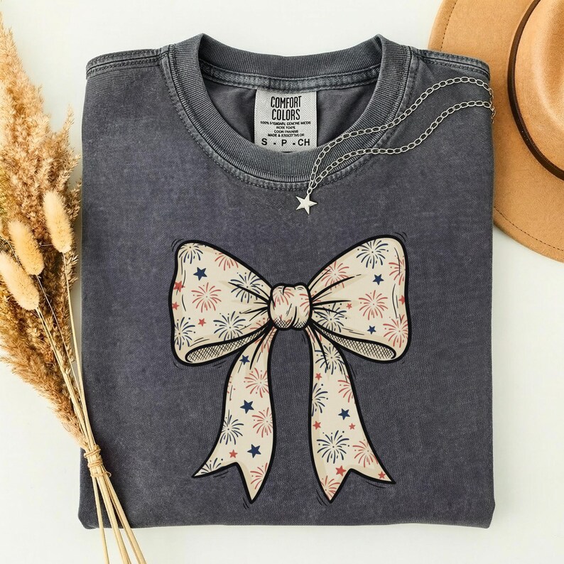 Patriotic Bow Shirt, 250th Fourth of July Tee, Coquette Firework Bow T-Shirt, USA America 250 Top, Aesthetic Vintage 4th of July Outfit image 9