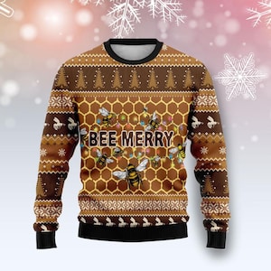 Jersey navideño feo "Bee Merry", jersey navideño divertido de abeja, jersey navideño de apicultor, conjunto invernal de panal, regalo para amantes de las abejas.