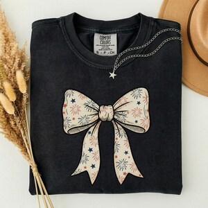 Patriotic Bow Shirt, 250th Fourth of July Tee, Coquette Firework Bow T-Shirt, USA America 250 Top, Aesthetic Vintage 4th of July Outfit image 8
