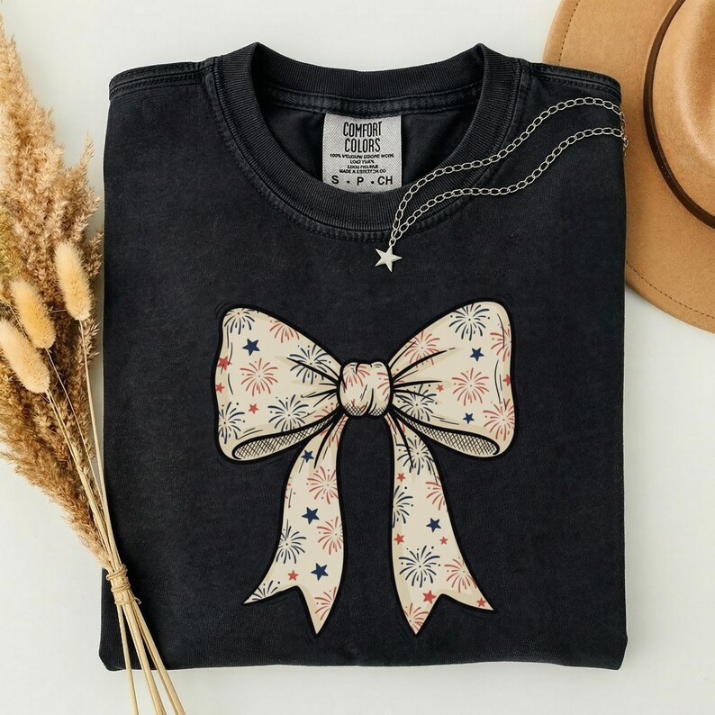 Patriotic Bow Shirt, 250th Fourth of July Tee, Coquette Firework Bow T-Shirt, USA America 250 Top, Aesthetic Vintage 4th of July Outfit image 8