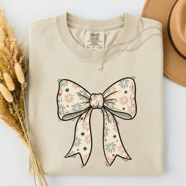 Patriotic Bow Shirt, 250th Fourth of July Tee, Coquette Firework Bow T-Shirt, USA America 250 Top, Aesthetic Vintage 4th of July Outfit image 4