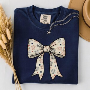 Patriotic Bow Shirt, 250th Fourth of July Tee, Coquette Firework Bow T-Shirt, USA America 250 Top, Aesthetic Vintage 4th of July Outfit image 6