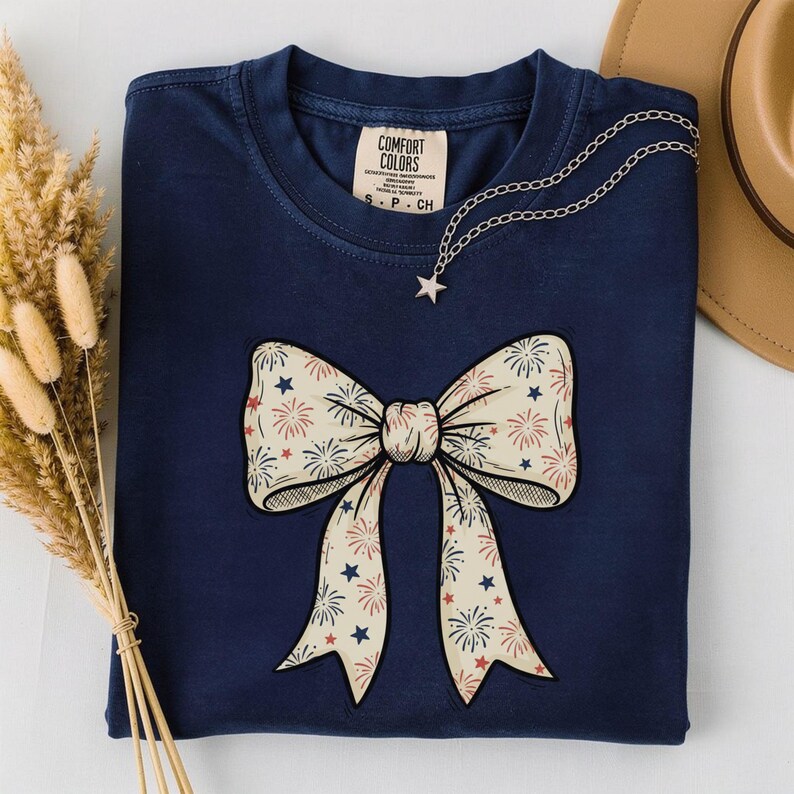 Patriotic Bow Shirt, 250th Fourth of July Tee, Coquette Firework Bow T-Shirt, USA America 250 Top, Aesthetic Vintage 4th of July Outfit image 6