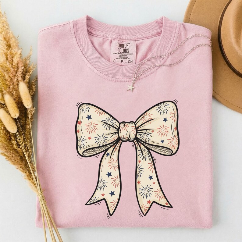Patriotic Bow Shirt, 250th Fourth of July Tee, Coquette Firework Bow T-Shirt, USA America 250 Top, Aesthetic Vintage 4th of July Outfit image 3