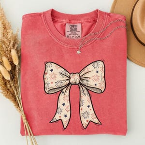 Patriotic Bow Shirt, 250th Fourth of July Tee, Coquette Firework Bow T-Shirt, USA America 250 Top, Aesthetic Vintage 4th of July Outfit image 5