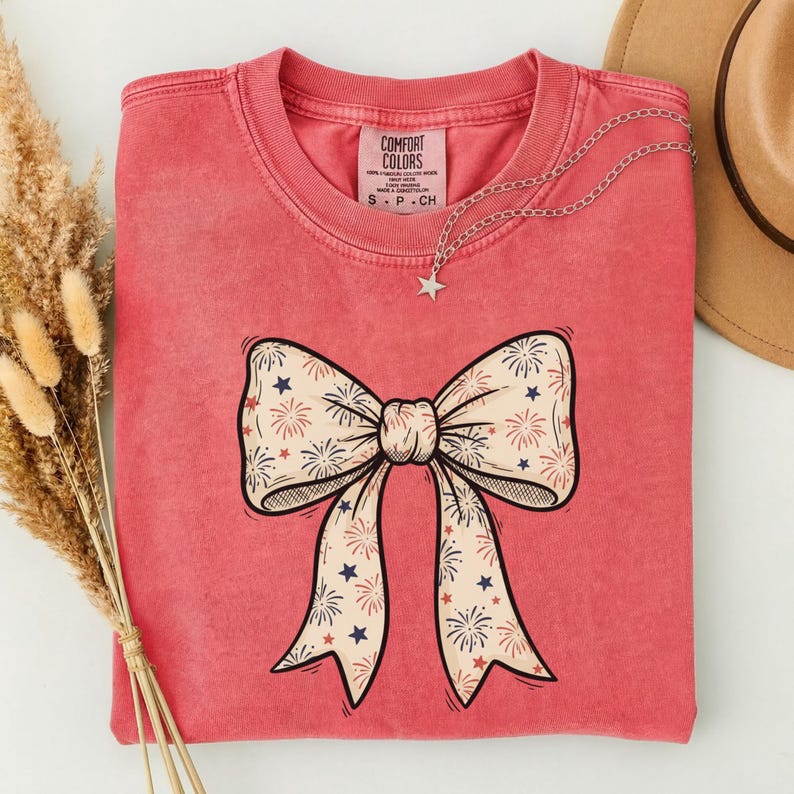 Patriotic Bow Shirt, 250th Fourth of July Tee, Coquette Firework Bow T-Shirt, USA America 250 Top, Aesthetic Vintage 4th of July Outfit image 5