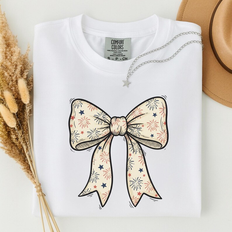 Patriotic Bow Shirt, 250th Fourth of July Tee, Coquette Firework Bow T-Shirt, USA America 250 Top, Aesthetic Vintage 4th of July Outfit image 7