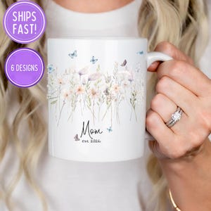 Mothers day coffee mug wildflower meadow grandma gift 1st time mom floral nana glass tea cup gigi forever flower handwriting script est date