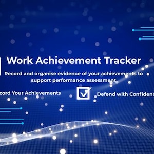 May include: A digital graphic with the text "Work Achievement Tracker" and the Notion logo. The text encourages users to record and organize achievements. Additional text includes "Record Your Achievements" and "Defend with Confidence."