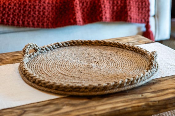 Braided Jute Coffee Table Tray | Round Woven Ottoman Decor, Natural Fiber Handles