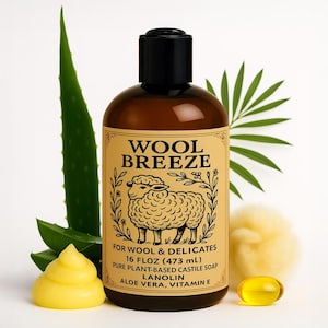 Lavado para prendas delicadas Wool Breeze: Lanolina, aloe vera, cachemir artesanal y cuidado de tejidos (473 ml)