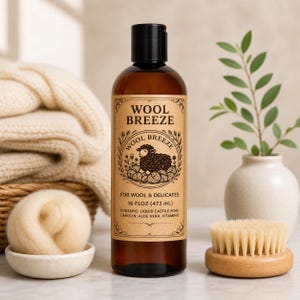 Puede incluir: Una botella marrón de detergente "Wool Breeze" con tapa negra. La etiqueta presenta una ilustración de oveja y texto. Un cepillo de madera, un cuenco pequeño con lana y jerséis doblados también son visibles.