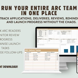 May include: Digital product image with the text "RUN YOUR ENTIRE ARC TEAM IN ONE PLACE". It shows a laptop, desktop monitor, and smartphone displaying a spreadsheet. The text also includes "TRACK ARC READERS" and "INSTANT DOWNLOAD!".