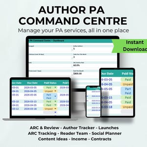 May include: A digital product display featuring a laptop, tablet, and smartphone, each showcasing a dashboard interface. The screens display data related to PA services, including due dates and paid statuses. The text "AUTHOR PA COMMAND CENTRE" is at the top.