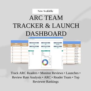 May include: A digital dashboard titled "ARC TEAM TRACKER & LAUNCH DASHBOARD" with data visualizations. The image includes charts, graphs, and numerical data related to reviews, launches, and reader team performance. Text includes "Now Available."