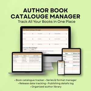 Op de afbeelding: Een digitale auteur boek catalogus manager weergegeven op een laptop, desktop computer, tablet en smartphone. De tekst luidt "AUTHOR BOOK CATALOGUE MANAGER" en "Track All Your Books in One Place." Functies omvatten boek tracking, serie management en release datum tracking.