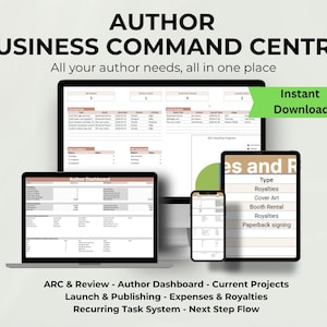 May include: A digital mockup showcasing a laptop, desktop monitor, tablet, and smartphone displaying spreadsheets and text. The text includes "AUTHOR BUSINESS COMMAND CENTRE" and "Instant Download". Additional text details author-related tasks and financial tracking.