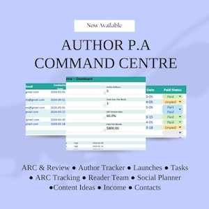 May include: A digital interface titled "AUTHOR P.A COMMAND CENTRE" with data tables and bullet points. The tables display email contacts, dates, and financial data. Bullet points list features like ARC & Review, Author Tracker, and Content Ideas.