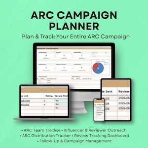 May include: A digital marketing campaign planner displayed on a laptop, desktop monitor, tablet, and smartphone. The screen shows data tables and charts. Text on the screen includes "ARC Campaign Planner" and "Plan & Track Your Entire ARC Campaign."