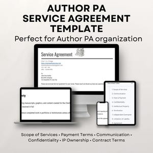 May include: A digital service agreement template for author PA organization, displayed on a computer monitor, laptop, tablet, and smartphone. The agreement includes sections on scope of services, payment terms, and confidentiality.