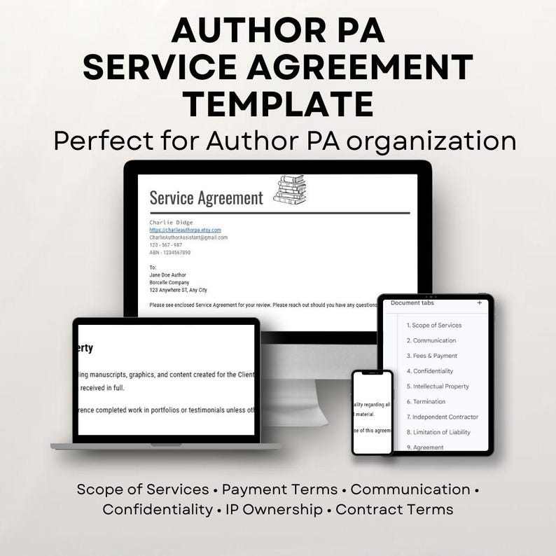 Pu&ograve; includere: Un modello digitale di contratto di servizio per l'organizzazione di PA dell'autore, visualizzato su un monitor di computer, laptop, tablet e smartphone. L'accordo include sezioni su ambito dei servizi, termini di pagamento e riservatezza.