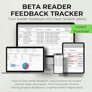 May include: A digital product called "BETA READER FEEDBACK TRACKER" displayed on a laptop, tablet, and smartphone. The image shows a spreadsheet with data and charts, and the text "Instant Download". The product helps track reader feedback and plan revisions.