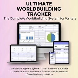 May include: A digital worldbuilding tracker displayed on a laptop, desktop monitor, tablet, and smartphone. The text reads "ULTIMATE WORLDBUILDING TRACKER" and "The Complete Worldbuilding System for Writers." Features include tracking locations, cultures, characters, and timelines.