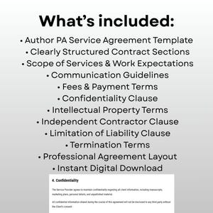 Pu&ograve; includere: Uno sfondo bianco con testo nero che elenca il contenuto di un modello di accordo di servizio. Il testo include sezioni su sezioni contrattuali, linee guida per la comunicazione, commissioni e riservatezza.