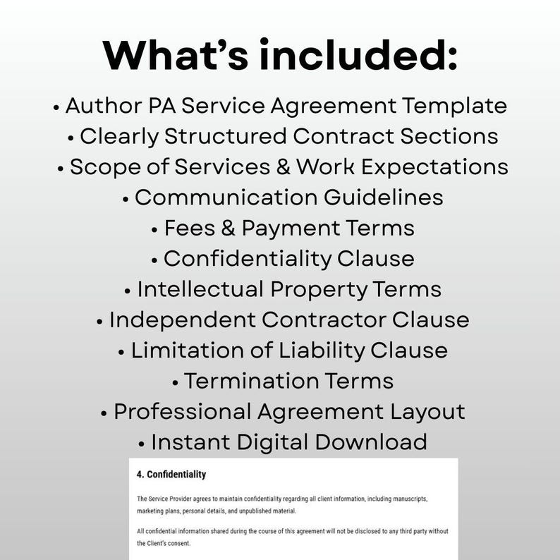 Pu&ograve; includere: Uno sfondo bianco con testo nero che elenca il contenuto di un modello di accordo di servizio. Il testo include sezioni su sezioni contrattuali, linee guida per la comunicazione, commissioni e riservatezza.