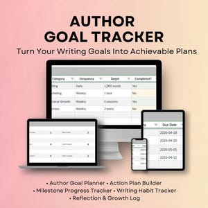 Author Goal Tracker Spreadsheet | Writing Goal Planner | Author Productivity Tracker | Writing Progress Planner