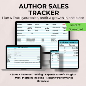 May include: A digital Author Sales Tracker displayed on a laptop, tablet, and phone. The screens show sales data, profit, and growth metrics. Text includes "Instant Download" and "Sales + Revenue Tracking".
