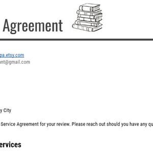 Pu&ograve; includere: Un documento bianco intitolato "Service Agreement" con informazioni di contatto e un'illustrazione di una pila di libri. Il documento include i dettagli di contatto di Charlie Didge, tra cui un sito web, un'e-mail e un numero di telefono, ed &egrave; indirizzato a Jane Doe Author.