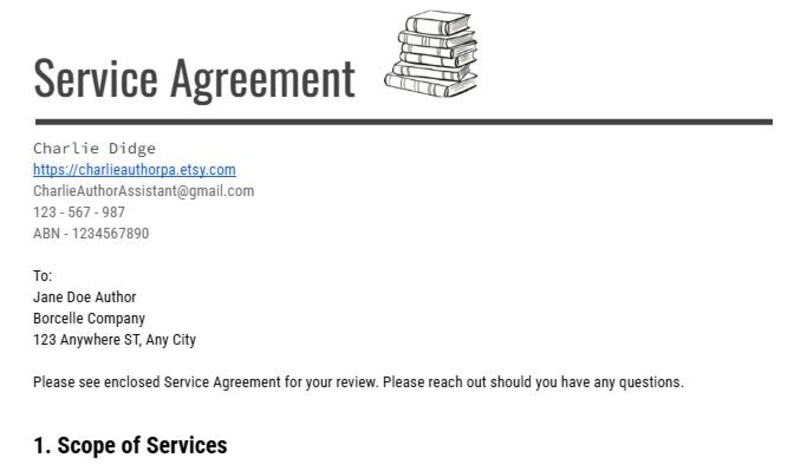Pu&ograve; includere: Un documento bianco intitolato "Service Agreement" con informazioni di contatto e un'illustrazione di una pila di libri. Il documento include i dettagli di contatto di Charlie Didge, tra cui un sito web, un'e-mail e un numero di telefono, ed &egrave; indirizzato a Jane Doe Author.
