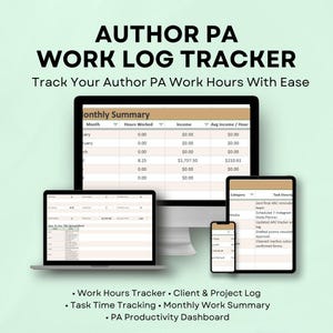 Puede incluir: Un rastreador digital de registro de trabajo para asistentes personales de autores, que se muestra en una computadora de escritorio, una computadora portátil, una tableta y un teléfono inteligente. La pantalla muestra un resumen mensual con horas trabajadas e ingresos.