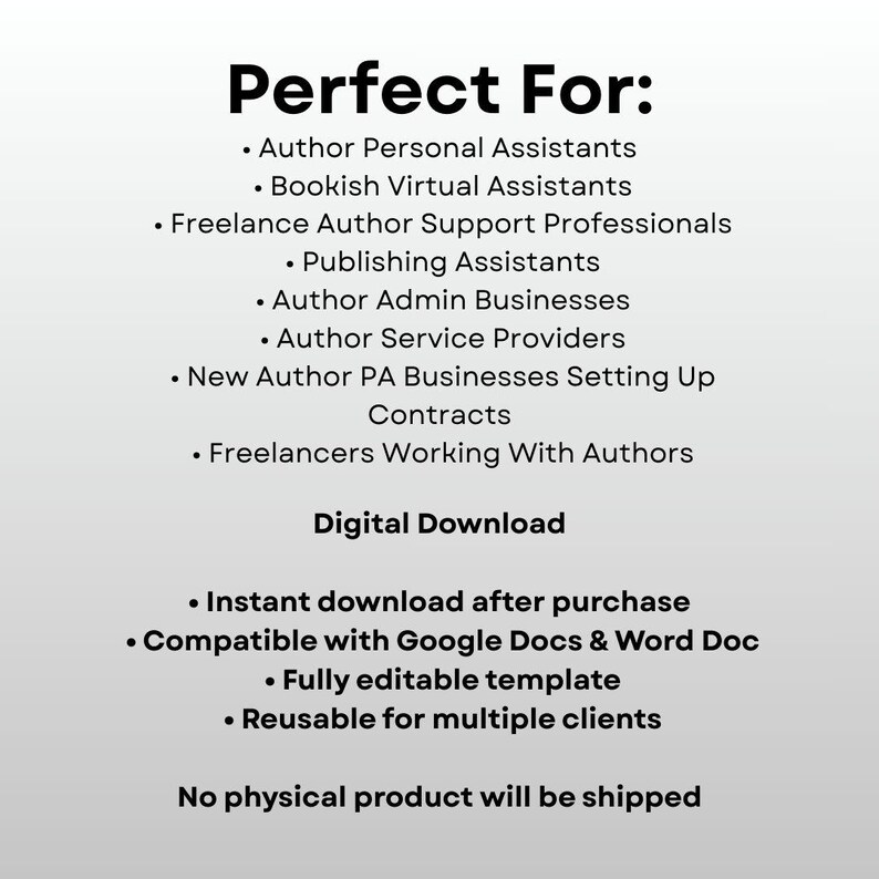 Pu&ograve; includere: Grafica digitale bianca con testo nero. Il testo recita "Perfect For:" seguito da un elenco di professioni legate agli autori. Il testo aggiuntivo include "Download digitale" e dettagli sulle caratteristiche del prodotto.