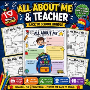 Könnte beinhalten: Ein digitales Paket mit ausdruckbaren All About Me und Teacher Arbeitsblättern für den Schulanfang. Die Blätter enthalten bunte Grafiken wie einen Rucksack, einen Schulbus, einen Apfel und einen Globus sowie Leerzeilen für Namen und Alter.