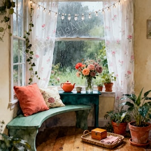 Puede incluir: Un banco curvo de madera color verde azulado con un cojín coral y otro floral frente a una ventana con cortinas transparentes de rosas y luces. Una tetera naranja, una taza y un florero con rosas descansan sobre el banco junto a plantas.