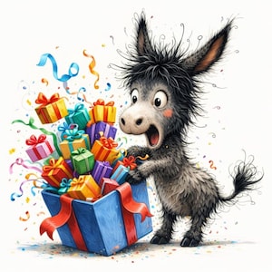 May include: A cartoon illustration of a surprised donkey with a blue gift box overflowing with colorful presents. Ribbons and confetti surround the donkey, creating a festive and celebratory scene. The donkey has a shocked expression.