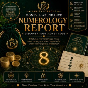 May include: A dark green velvet drawstring pouch with a gold logo, a stack of gold coins, a circular chart with the number 8, and a card titled Numerology Snapshot. The text reads Vanity Oracle Money & Abundance Numerology Report.