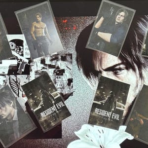 May include: A collection of Resident Evil trading cards featuring various images of Leon Kennedy. The cards are displayed on a black and white background with a large image of Leon's face. Some cards have the text "Resident Evil" on them.