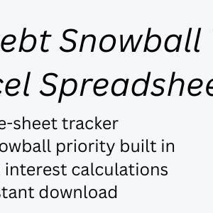 Puede incluir: Una hoja de cálculo digital titulada "Simple Debt Snowball Tracker" con el texto "Excel Spreadsheet". Las características incluyen un rastreador de una sola hoja, prioridad de bola de nieve, sin cálculos de intereses y descarga instantánea.