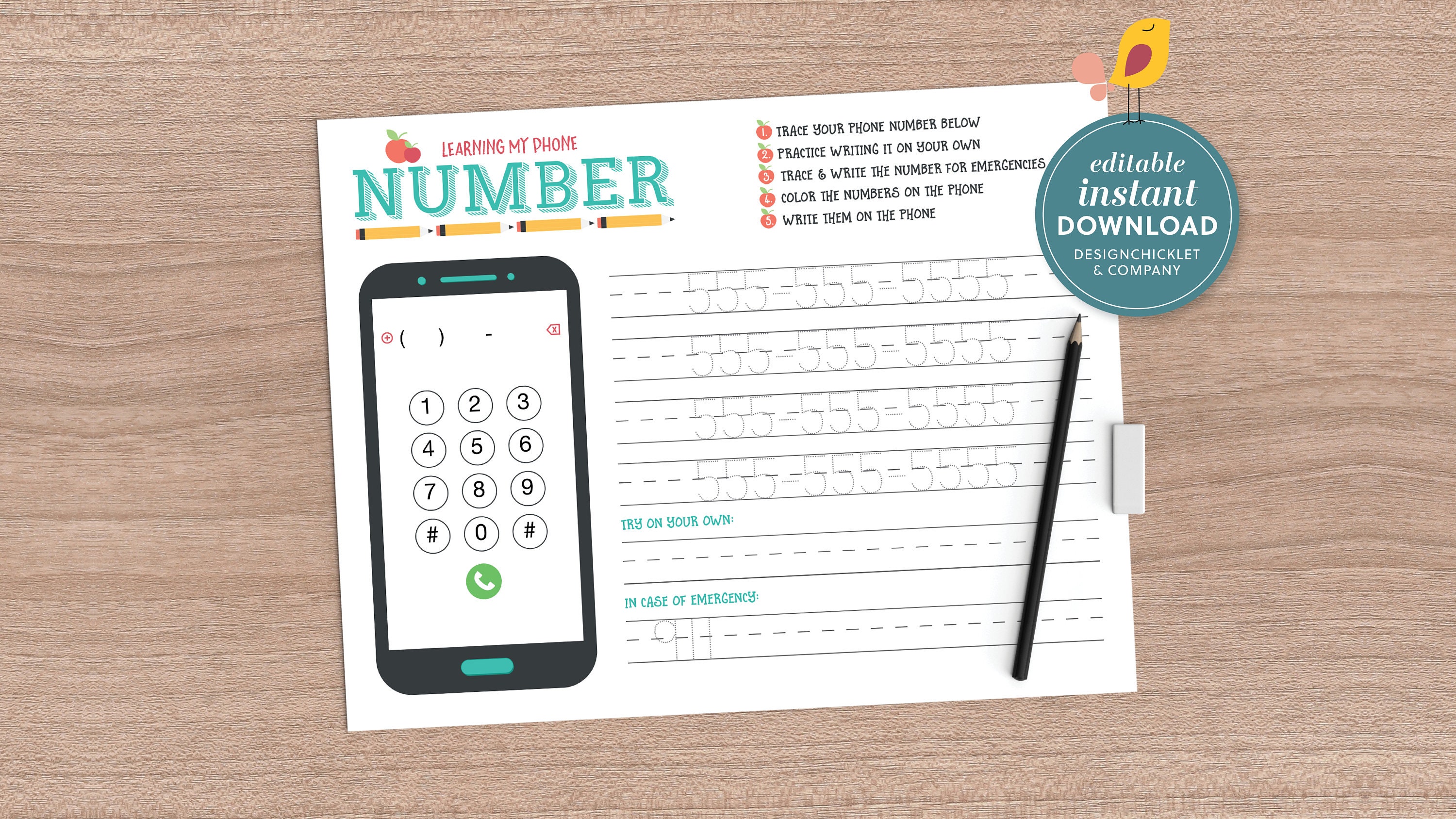 Editable Instant Download Phone Number Learning Worksheet: - Etsy