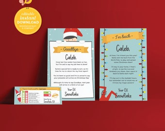 May include: A printable Christmas elf report card for kids. The card features a cartoon elf with a red hat and a blue and white striped shirt. The card includes a message from the elf to the child, saying "Goodbye Caleb, these last few weeks have been so fun, but I'm sad to say my job here is done!" and "Your Elf, Snowflake".