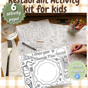Aesthetic Restaurant Activity Kit For Kids | Travel Diaper Bag Busy Pack | Screen-Free Entertainment | 6 Printable Pages image 1