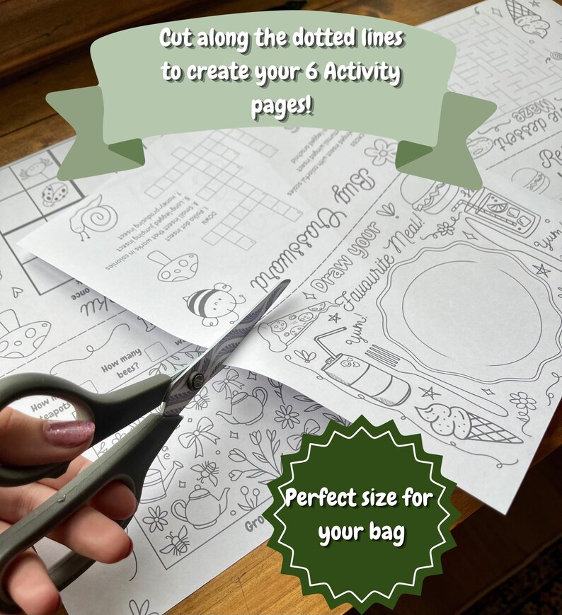May include: A pair of scissors cutting a printed activity page with the text "Cut along the dotted lines to create your 6 Activity pages!". The page features a crossword puzzle, drawing prompts, and other activities. A green starburst graphic says "Perfect size for your bag".