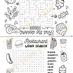May include: Black and white line art activity sheet with a maze, word search, and various dessert illustrations. The word search is titled "Restaurant" and includes words like "burger" and "fries". The maze is titled "Find the dessert".